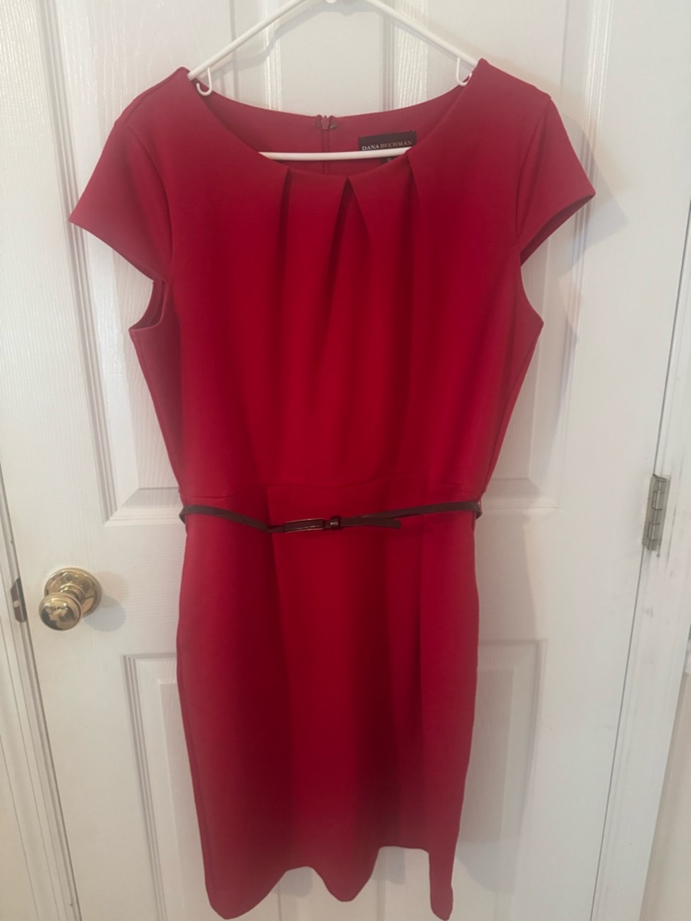 Dana Buchman Crimson Red Cap-Sleeve Sheath Dress with Slim Belt